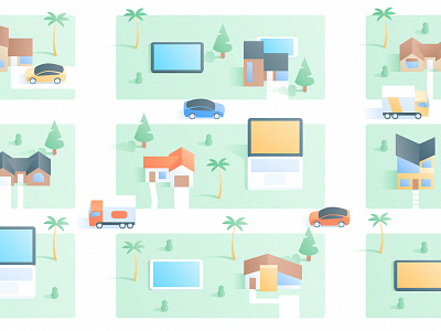 Clara: Landing Neighborhood california car city gradient house illustration laptop moving neighborhood sunny truck