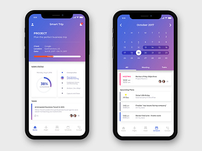 iPhone x - Dashboard and Calendar concept app businesstrip calendar clean dashboard interface iphonex trip ui ux