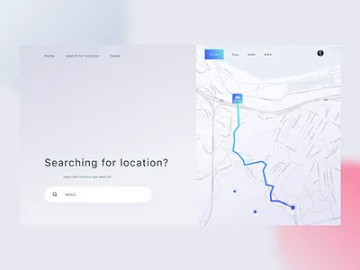 Searching for location, website header design distance flat header map ui website
