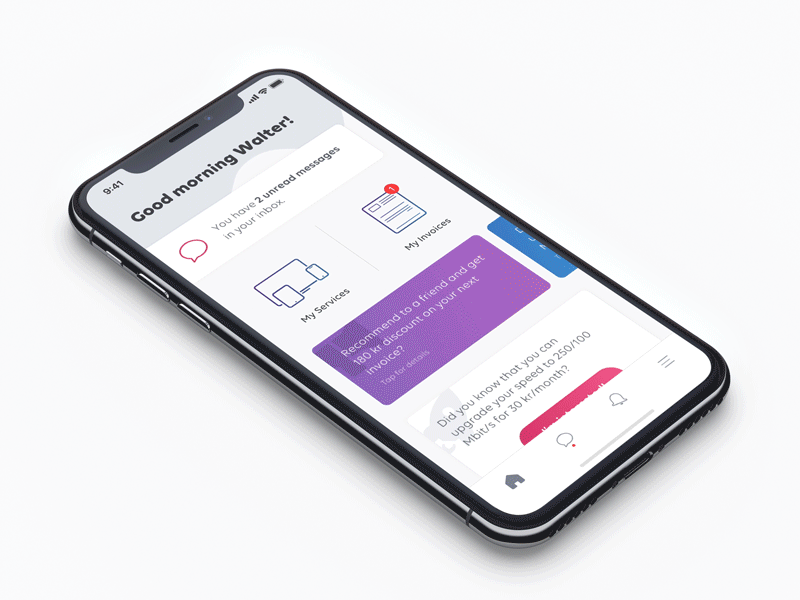 Invoices animation app dashboard flow interaction invoice ios iphone x menu navigation telecom ui ux