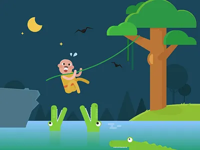 Adventure in the night adventure crocodile forest illustration night tree