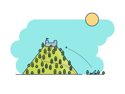 Castle on the hill 2d castle catapult flat hill illustration minimal sun tree