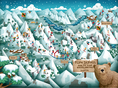 Sonntagszeitung alps bear character digital painting illustration map resort signage ski snow texture