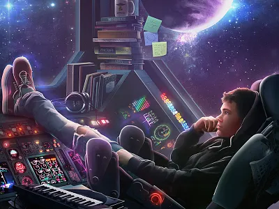 Daydreaming books cozy galaxy illustration space spaceship stars