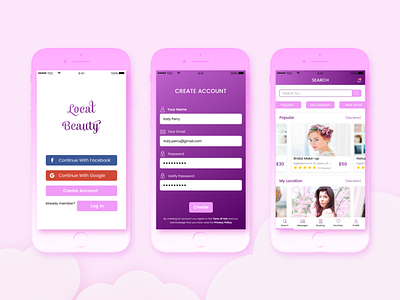 "Local Beauty" application app application beauty in location log mobile pink purple search sign up