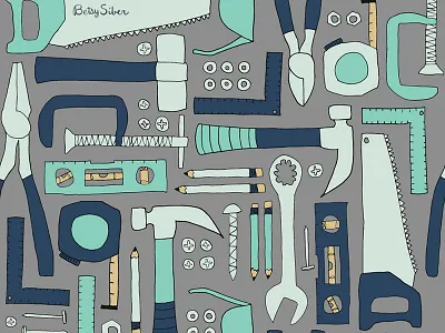 In The Woodshop children cute design doodle drawing illustration masculine pattern repeat surface tools vector