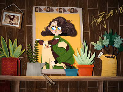 Self-portrait dog girl of out plants self portrait succulent the window windowsill wood