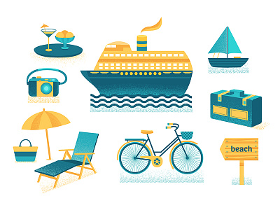 Summer illustration beach bike flat icon illustration marine sea season ship summer sun sunlounger