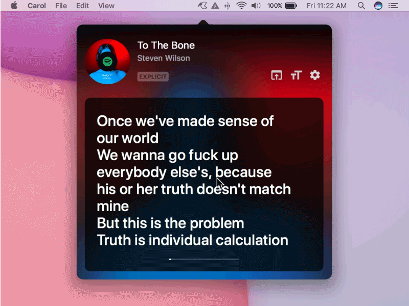 Carol - Progress Bar apple music blur dark ui lyrics mac mac app macos menu bar motion design music real project spotify