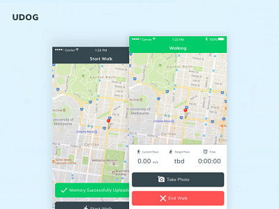 uDog | Walking Session Screens App Design app design dog interface ios location map mobile ui walking