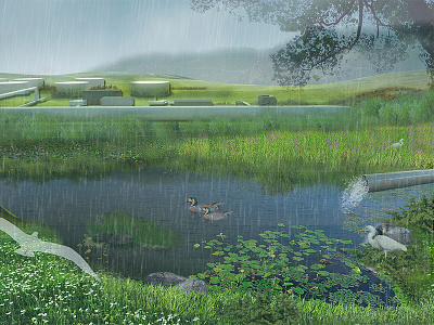 Detention Pond 2d bird landscape rain scenario wetland