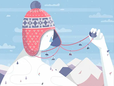 Winter time art design hat illustration landscape mountains people skiing snow snowboard vector winter