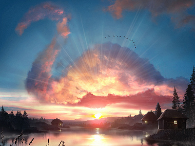 The Nest bird blue illustration lake nature nest pink reflections sky sunset