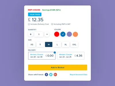 FREE PSD - Product purchase options add to basket add to cart cart color selection delivery type e commerce filters free psd shopping size selection web app