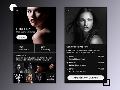 Profile photographer app screens black description follow photographer profile purchase
