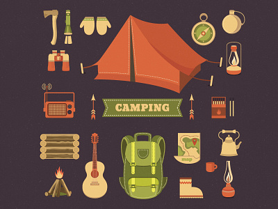 Camping icons bike bus camp camping element icon illustration mountain retro tent vector