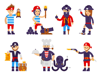 Pirates captain cartoon characher cook crew flat pirates