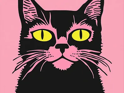 Retro Black Pink Portraits animal art background black black line branding cat design drawing grunge handmade illustration minimalist pet pink retro simple vector yellow