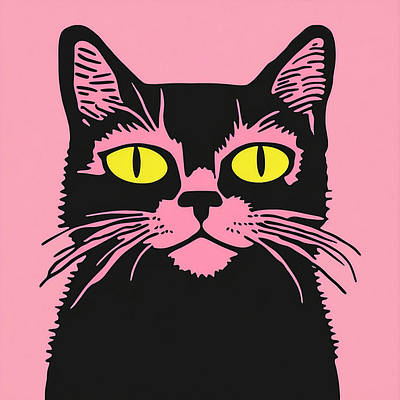 Retro Black Pink Portraits animal art background black black line branding cat design drawing grunge handmade illustration minimalist pet pink retro simple vector yellow