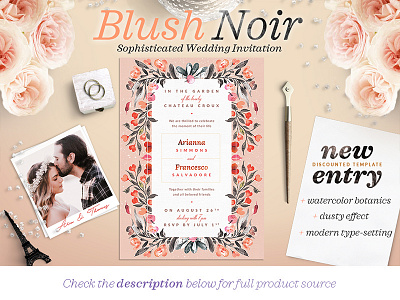 Blush Noir Wedding Invite IV blush dark illustration logo monogram noir pastel watercolor wedding wedding design wedding illustration wedding invitation