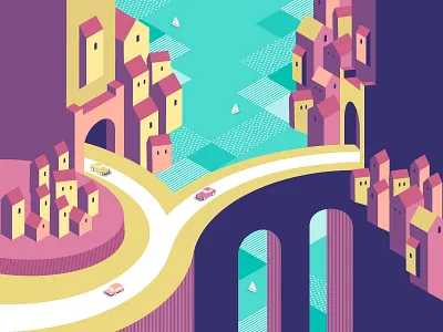 Spain 36daysoftype bridge houses illustration isometry linewisebypoojabhapkar spain surreal waterfall
