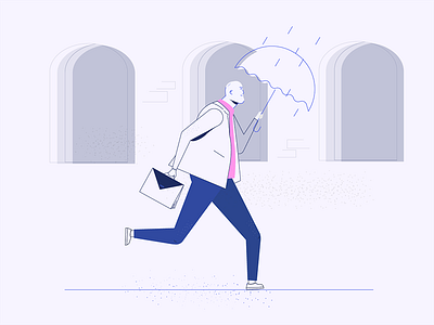 Run run run character guy rain suit umbrella windows