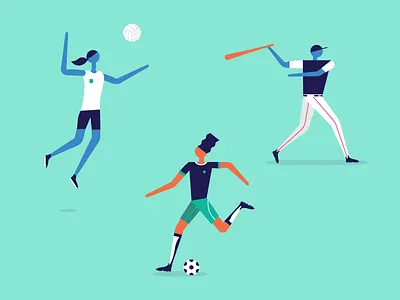 ⚽ ⚾ 🏐 ball baseball girl hair illo illustration kick soccer spike swing uniform volleyball