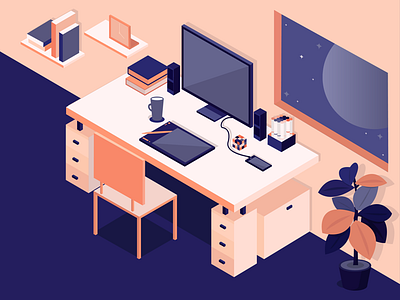 Workplace flat flower illustration interior isometric room workplace