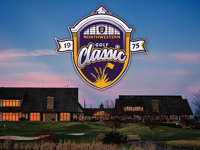 Northwestern Golf Classic badge building event flag golf logo purple roof script sports tournament university