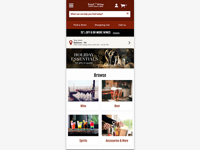 Total Wine & More: Mobile Home ecommerce homepage tiles total wine ui ux