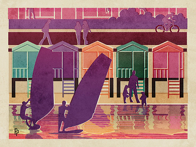 Beach Huts and Wind Surfers beach evening hut sea seaside summer surf wind
