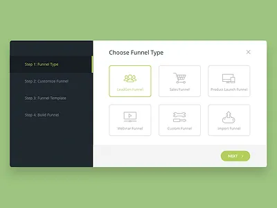 Set up funnel card dashboard icons modal page popup steps ui