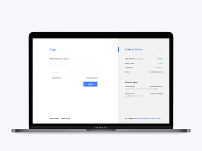 Login screen with system status panel exploration blue clean futura login minimal open sans status system ui website white