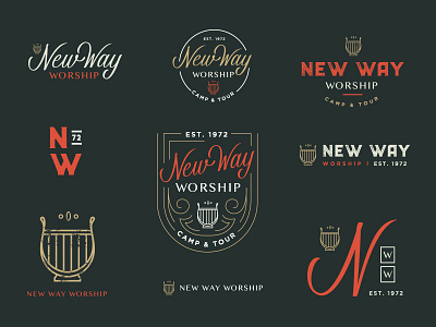 New Way Worship brand camp explore handlettered harp icon logo mark music texture tour typography