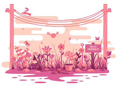 Hello Dribbble! debut flat design flowers garden gnome illustration landscape plants snake squirrel