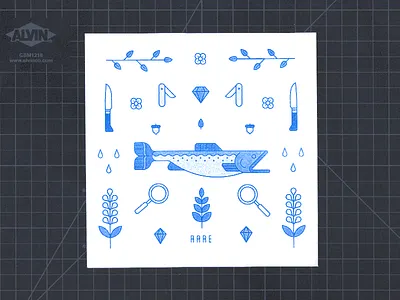Risograph Part 3 blue diamond fish fishing knife leaf nature plant print rain drop risograph trout