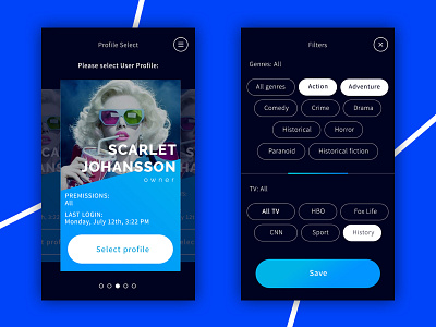 HBO Now Redesign - Select User Profile and Filters blue card card ui dark filters gradient minimal mobile mobile app streaming app user user screen