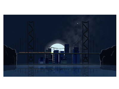 train in the bridge blue bridge design graphic light moon night reflection sea sity skay train