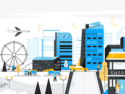 Bankex City build circle city cloud illustration plane shop sky taxi town tree