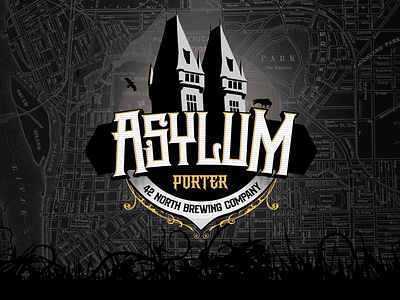 Asylum Porter Logo beer bird black brewery building drawing gold illustration logo map type