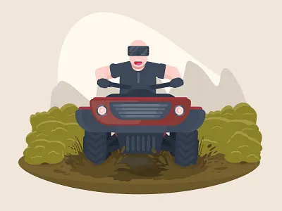 Happy driver on ATV quad bike atv bike characer dirty man moto mud road