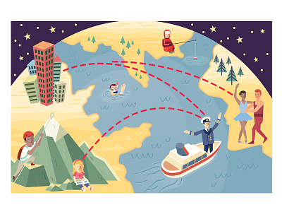 Zulahoo Home Page Illustration ballet boat captain cartoon characters climbing earth globe graphic design homepage mountain promotional ui design ux vector webiste