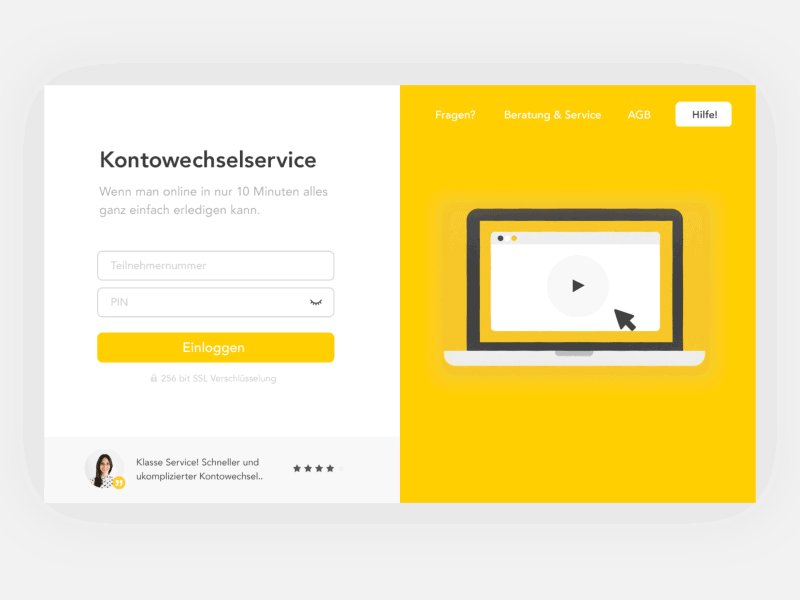 Account Login + Onboarding-Video & Feedback bank account landing page login onboarding overlay testimonial ui ux video web