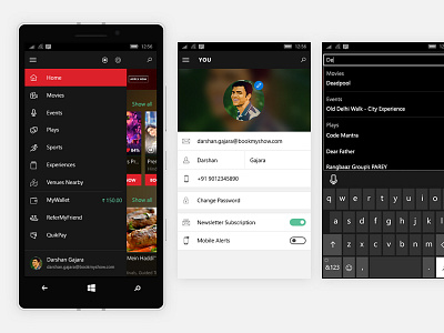BookMyShow UWP – Menu & Profile bookmyshow case study menu portfolio presentation profile search ui uwp ux windows 10