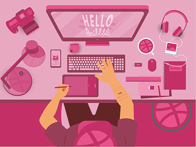 Hello Dribbble debut dribbble first illustration shot workplace dribbblers design