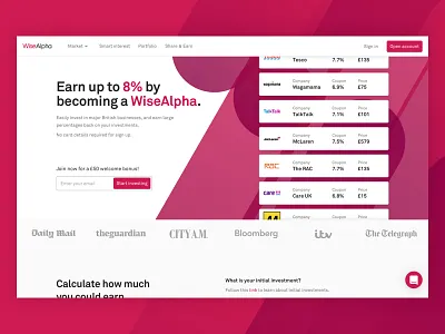 WiseAlpha - Home england finance fintech home page investing red saas start up web app