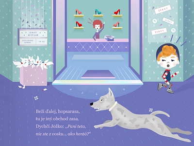 Shoe store book boy customer detail dog illustration run sale shoe shoes store