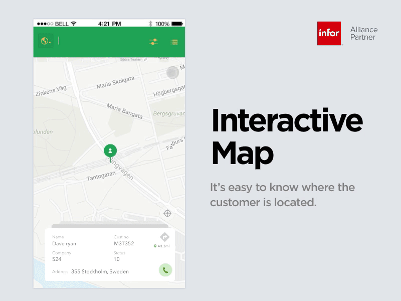 Customer Info for Infor M3 customer info infor infor m3 infor m3 erp interactive map leanswift map filter mobile erp mobile ui mobile user experience mobilefirst ux design