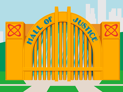 Meanwhile, at the Hall of Justice art deco box art buildings hall of justice kenner plastic playlet super friends super powers toys typography vector