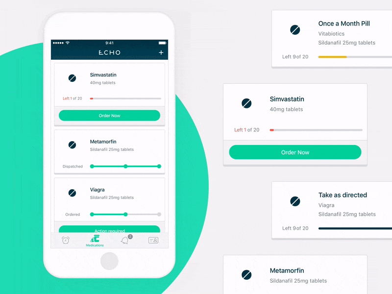 Medication Cards (early 2017) action button card feed ios medications medicine mobile pill process bar tabbar